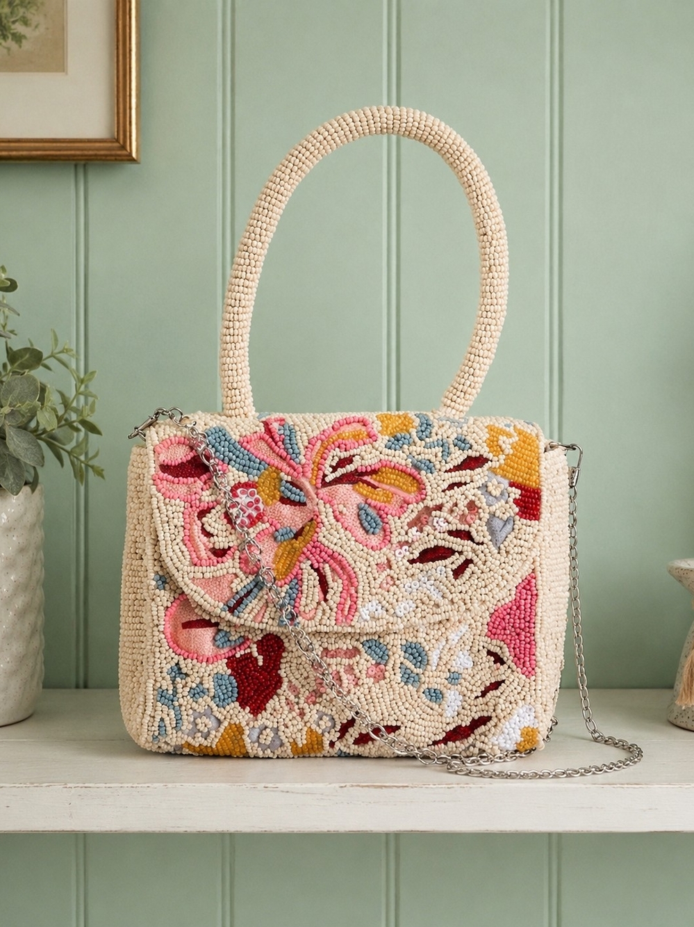 NWT Autumn floral motif fully beaded small tote with shoulder strap